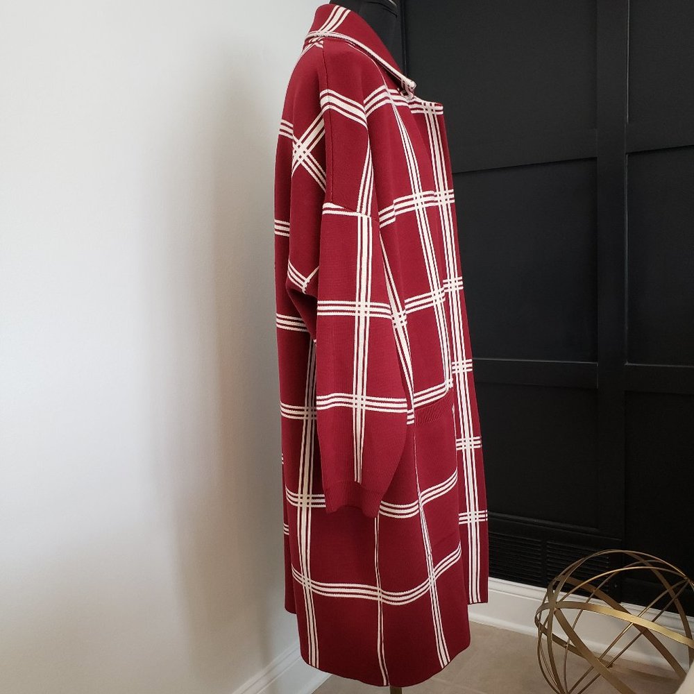 EUC Modcloth Women's Red Plaid Long Heavy Open Front Cardigan Pockets Sweater 1X - Picture 2 of 9